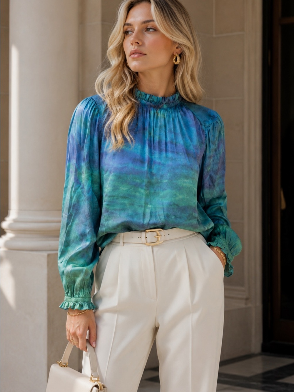 Bella Dahl Watercolor Tie-Dye Ruffle Long Sleeve Mock Neck Blouse XS 8216
